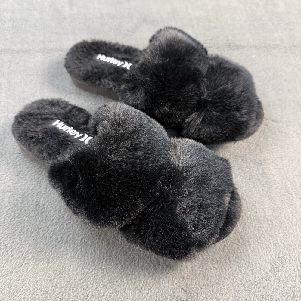 Hurley Women’s Slipper Slides 7 Black Carol Faux Fur Double Strap Fluffy Sandals